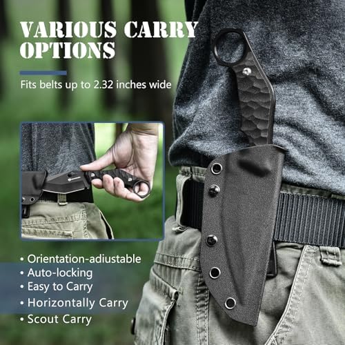 Survival Knife SEAL-FULL BLACK 9" EDC Fixed Blade Tactical Horizontal Carry Knife for Men with Kydex Sheath, 5mm Thick Stainless Steel, G10 Anti-Slip Handle, Ideal for Gifting, Full Black