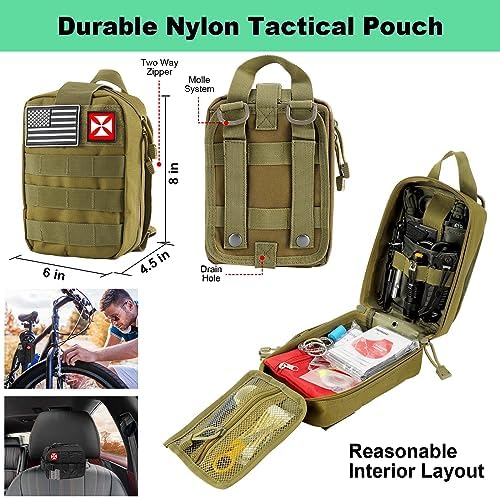 Survival Kit 256 in 1, First Aid Kit Survival Gear Tools Trauma Kit with Molle Pouch for Outdoor, Camping, Hunting, Hiking, Earthquake, Home, Office, Gifts for Men Dad Husband Women (Green)