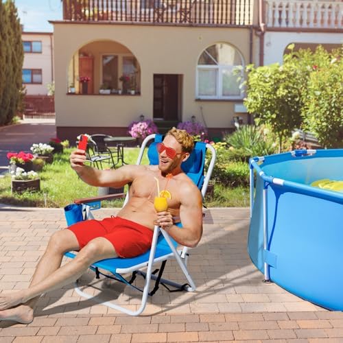 Outvita Folding Beach Chair Adjustable Headrest w/4 Flexible Tilt Angle, Cup Holder Portable High Strength Cleanable Fabric, for Sand Camping Lawn Concert Travel Festival