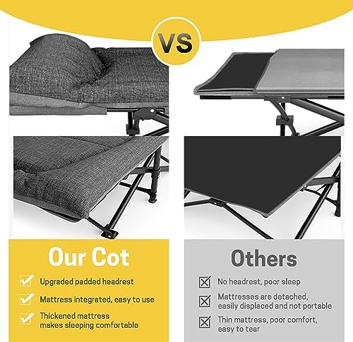 ATORPOK Camping Cot for Adults with Cushion and Pillow, Portable Folding Bed for Sleeping, Lightweight Tent cot with Carry Bag Supports 450 lbs (Grey)