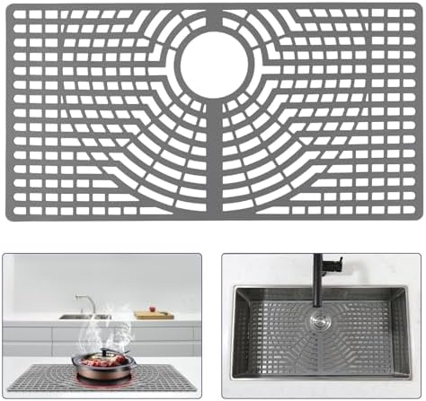 Silicone Sink Protector 30"x16" Rear Drain Hole, Heat Resistant Non-slip Dishwasher Suitable, Large Sink Mat for Bottom of Farmhouse Kitchen Stainless Steel Sink