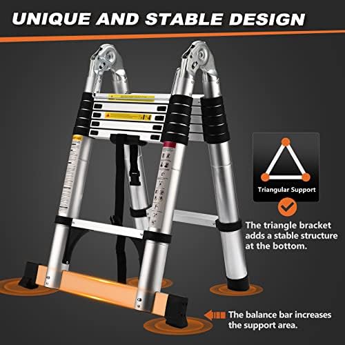 Telescoping Ladder A Frame, 12.5 Ft Compact Aluminum Extension Ladder, Portable Telescopic RV Ladder for Outdoor Camper Trips Motorhome with Tool Platform and Stabilizer Bar, 330 lb Capacity