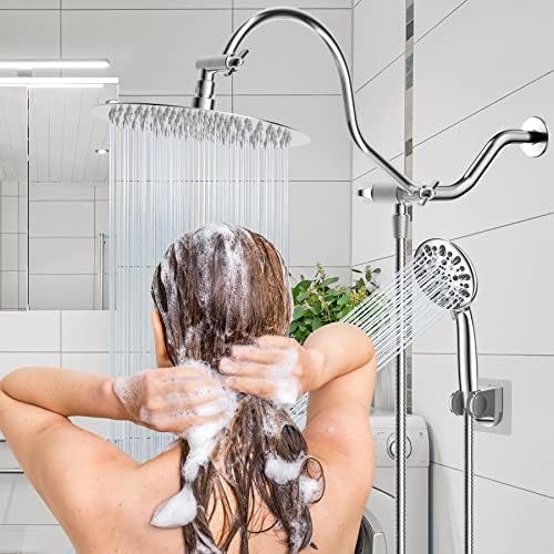 Hibbent All Metal Shower Head, 10'' High Pressure Rainfall Shower Head/Handheld Showerhead Combo with 12'' Adjustable Curved Shower Extension Arm, 7-Spray, 71'' Shower Hose, Shower Head Holder, Chrome