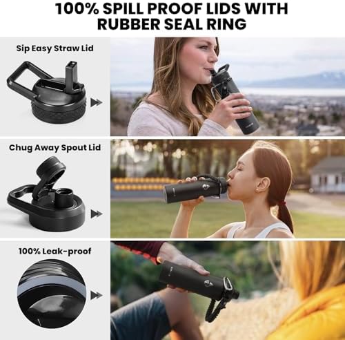 Insulated Water Bottle 20 oz, Triple Wall Vacuum Stainless Steel (Cold for 48 Hrs), Leak Proof & Non-BPA, Kids Water Bottle Jug for School with Straw Spout Lids, Magic Black