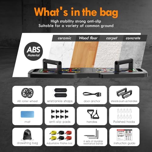 Push Up Board,Home Gym,Portable Exercise Equipment,Pilates Bar and 20 Fitness Accessories with Resistance Bands and Ab Roller Wheel,Full Body Workout at Home