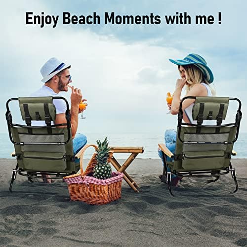 REALEAD Reclining Beach Chairs for Adults, Extendable High Back Beach Chair with Headrest and Cooler Pouch, 4-Position Lay Flat Folding Beach Chairs Heavy Duty Support 330LB