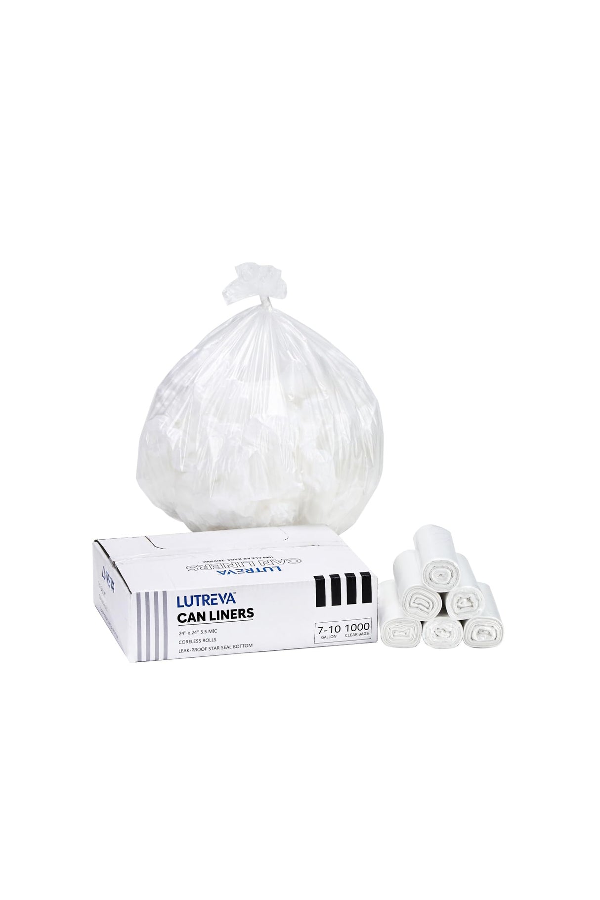 LUTREVA 7-10 Gallon Trash Can Liners, Wholesale 1000 Count, High Density Garbage Bags, 24'' x 24'', Clear, Intended for Office, Business, Paper, Home, Styrofoam Commercial and Industrial