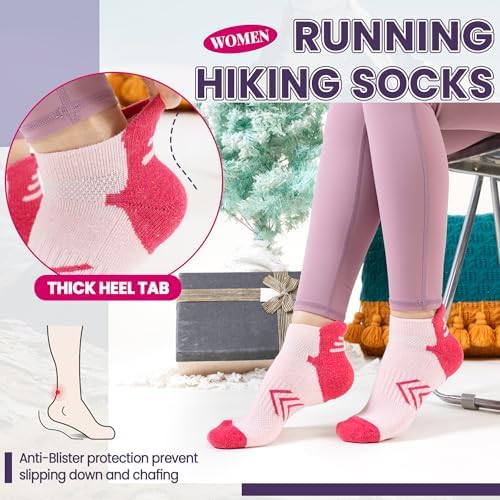 Velice Merino Wool Ankle Hiking Running Socks for Women Compression Support Thick Athletic Cushion Breathable No Show Socks 6 Pairs