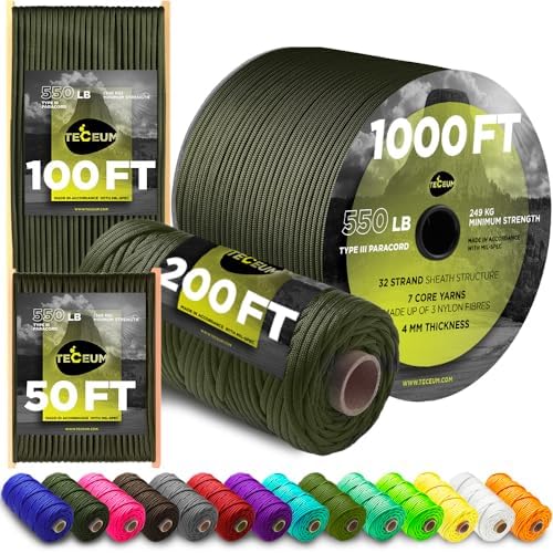 TECEUM 5/32" Paracord Rope 1000 – 1000ft / 200ft / 100ft / 50ft – Tactical Parachute Cord 4mm – 45+ Colors – Nylon String for Survival & Camping Gear – Stripe Cord for Survival – Utility Rope