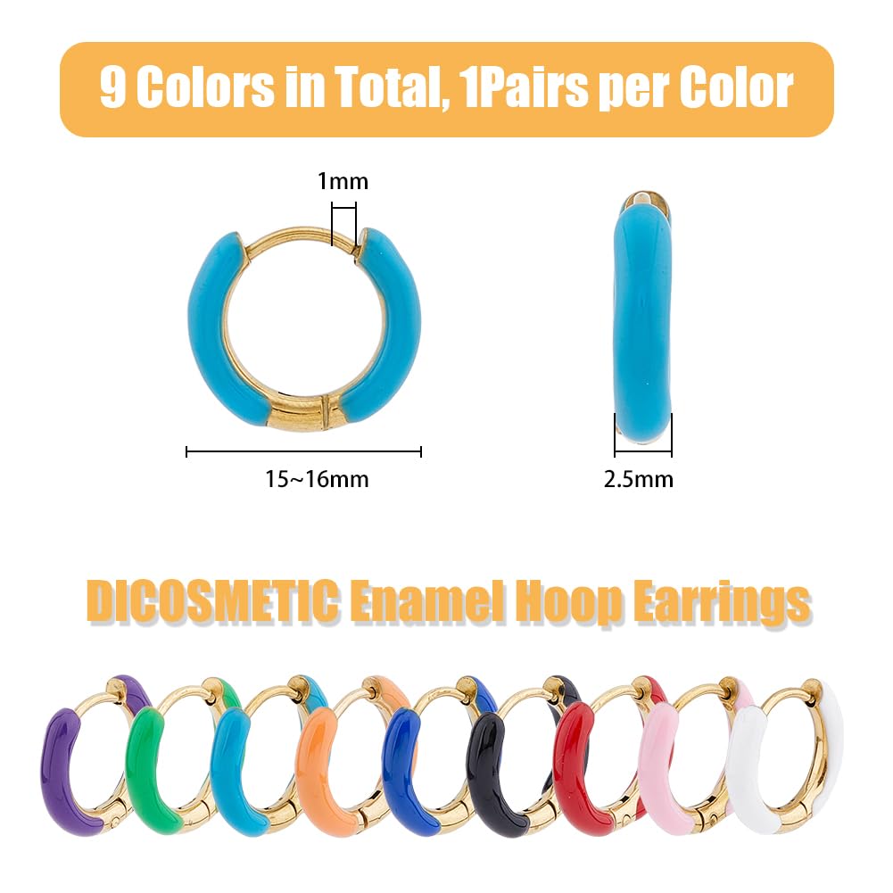 DICOSMETIC 9 Pairs Enamel Hoop Earring 15-16mm Colored Hoop Earrings 18K Gold Plated Huggie Hoops Earrings Small Cute Statement Earring Stainless Steel Fashion Jewelry Set for Women