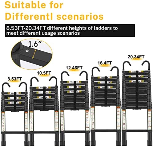 Telescopic Ladder, 8.5FT RIKADE Aluminum Telescoping Ladder with Non-Slip Feet and Stable Hook, Portable Extension Ladder for Household and Outdoor Working, 330lb Capacity Black