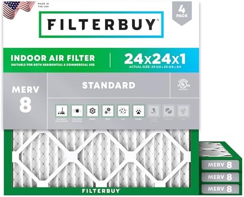 Filterbuy 24x24x1 Air Filter MERV 8 Dust Defense (4-Pack), Pleated HVAC AC Furnace Air Filters Replacement (Actual Size: 23.38 x 23.38 x 0.75 Inches)
