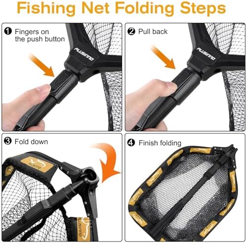 PLUSINNO Floating Fishing Net for Steelhead, Salmon, Fly, Kayak, Catfish, Bass, Trout Fishing, Rubber Coated Landing Net for Easy Catch & Release, Compact & Foldable for Easy Transportation & Storage