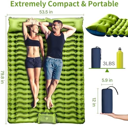 Double Sleeping Pad - Self Inflating 4" Extra-Thick for 2 Person with Pillow Built-in Foot Pump Inflatable Sleeping Mat for Backpacking, Hiking, Traveling, Tent, Portable Camping Mat