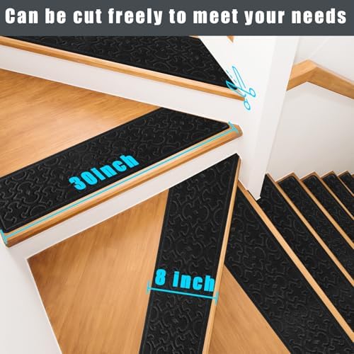 15Pcs Stair Treads for Wooden Steps With Self Adhesive, 8"x30" Non Slip Stair Runners-Peel & Stick Indoor Stair Carpet Runner, Resistant Runner for Kids, Elders and Pets, Black