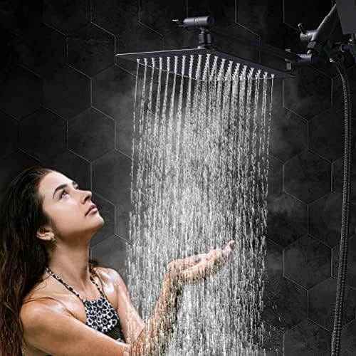 G-Promise All Metal 8 Inch Dual Square Shower Head with Handheld Combo, Rain Shower Head, Adjustable Extension Arm, Smooth 3-Way Diverter, 71 Inch Extra Long Hose - A Bathroom Upgrade (Matte Black)