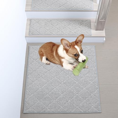 COSY HOMEER Edging Stair Treads Non-Slip Corner Indoor Stair Runners for Wooden Steps,Landing Slip Resistant Stair Rugs Mat for Kids and Dogs,100% Polyester TPE Backing,Grey,30x30 inch