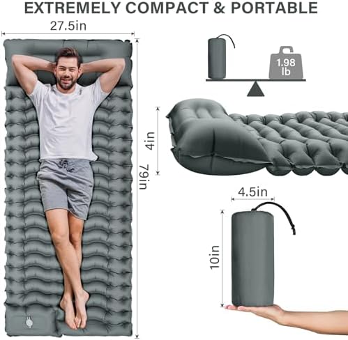 Camping Sleeping Pad, Ultralight Camp Pad with Pillow, Built-in Foot Pump, Inflatable Sleeping Pad, Compact Size for Camping, Backpacking, Hiking and Traveling - Gray