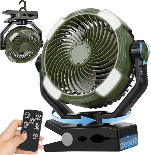 DUKUSEEK 20000mAh Clip On Fan with LED Light, 9-inch 60Hrs Portable Camping Fan with Sturdy Clamp, 360Β° Oscillating Personal Desk Fan for Office, Worksite, Golf - Regargeable Battery Powered USB Fans