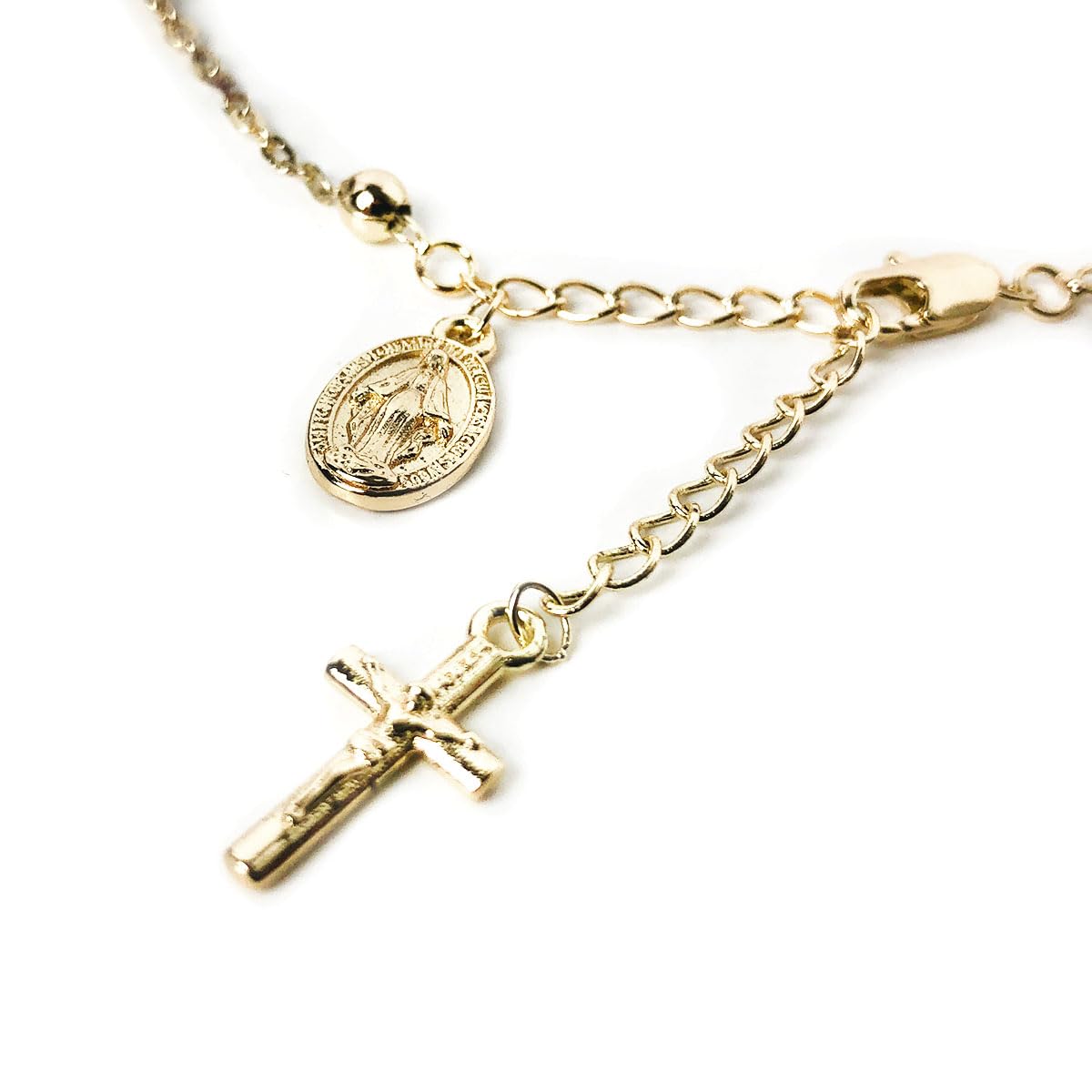 Stunning Catholic Rosary Bracelet for Women with Our Lady of Graces Medal and Cross Crucifix Charm, 14K Gold Plated, Adjustable - Dainty Elegant Religious Jewelry Gift