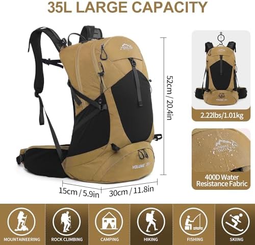 Hiking Backpack,35L Waterproof Hiking Daypack with 3L Water Bladder and Rain Cover, Lightweight Travel Camping Backpack for Men Women (Khaki)