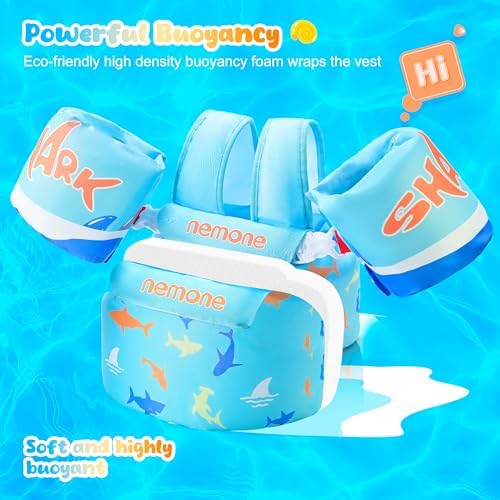 NEMONE Toddler Swim Vest for 22-70 lbs Kids Floaties Swim Jacket with Arm Water Wings for Girls Boys 2 3 4 5 6 7 Years Old Sea Beach Pool