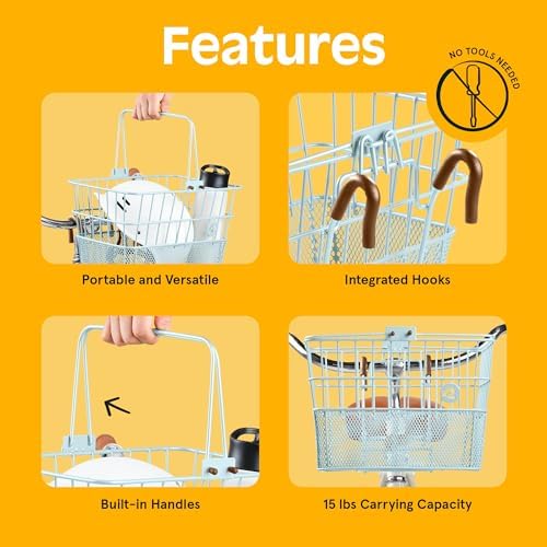 Retrospec Apollo Detachable Front Bike Basket Steel Half-Mesh with Integrated Detachable Hooks and Built-In Handle, Easy Assembly and Portability for Bicycles