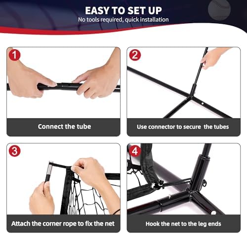 BAGAIL 7x7 ft Baseball & Softball Practice Net with Bow Frame for Batting, Hitting, Pitching, Portable Baseball Throwing Net with 2 Strike Zone Batting Tee, Carry Bag, Great for All Levels