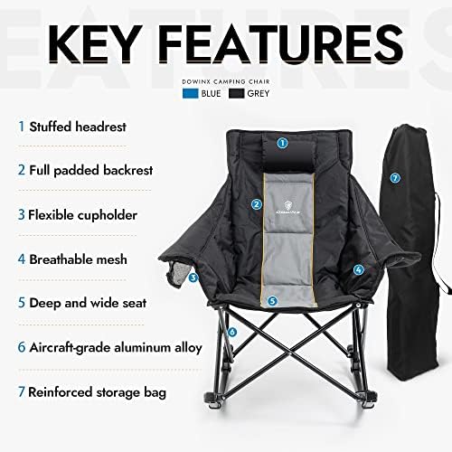 Dowinx Oversized Rocking Camping Chair, Fully Padded Patio Chair with Side Pocket and Carry Bag, High Back Portable Lawn Recliner with Headrest, Support 300 lbs, Black