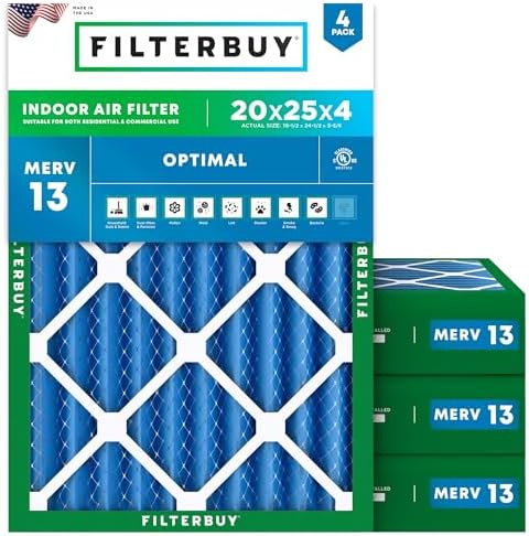 Filterbuy 20x25x4 Air Filter MERV 13 Optimal Defense (4-Pack), Pleated HVAC AC Furnace Air Filters Replacement (Actual Size: 19.50 x 24.50 x 3.63 Inches)