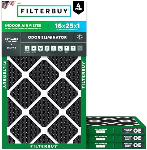 Filterbuy 16x25x1 Air Filter MERV 8 Odor Eliminator (4-Pack), Pleated HVAC AC Furnace Air Filters Replacement with Activated Carbon (Actual Size: 15.50 x 24.50 x 0.75 Inches)
