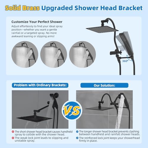 Hibbent All Metal Shower Head, 10'' High Pressure Rainfall Shower Head, Showerhead Combo, Handheld Shower Wand, 12'' Adjustable Curved Shower Extension Arm, 71'' Hose, Shower Head Holder, Matte Black
