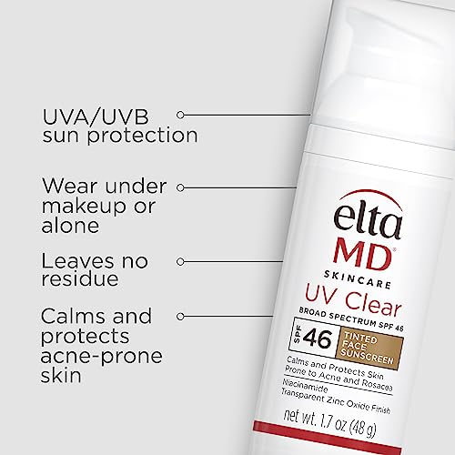 EltaMD UV Clear Tinted Sunscreen for Face, SPF 46 with Zinc Oxide, Oil-Free, Dermatologist Recommended, For Acne-Prone Sensitive Skin, 1.7 oz (Pack of 2)