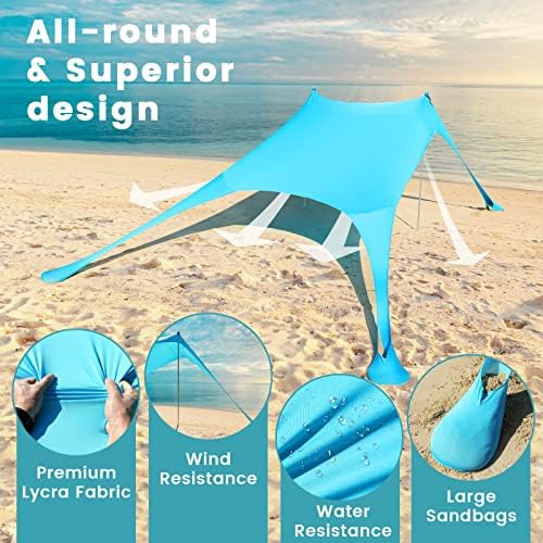 Beach Tent - 9.8 * 6.5 FT Canopy, Portable Beach Tent Sun Shelter UPF 50 with 4 Sandbags, Stability Poles, Ground Pegs and Anti-Wind Ropes, Outdoor Shade Canopy for Camping Picnics