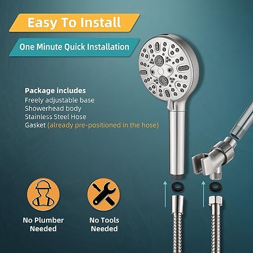 Cobbe Handheld Shower Head with Filter, High Pressure 9 Spray Mode Showerhead Built-in Power Wash with Hose, Bracket and Water Softener for Hard Water Remove Chlorine, Brushed Nickel