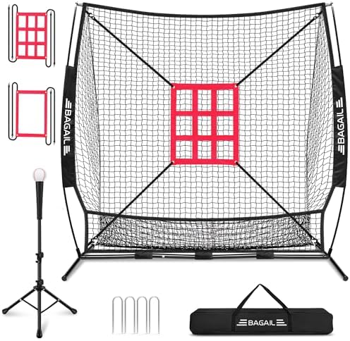 BAGAIL 7x7 ft Baseball & Softball Practice Net with Bow Frame for Batting, Hitting, Pitching, Portable Baseball Throwing Net with 2 Strike Zone Batting Tee, Carry Bag, Great for All Levels