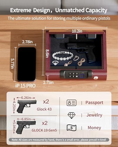 Gun Safe,Biometric Gun Safe for Pistols 3-Ways unlock Fingerprint Digital PIN Key Unlock with Voice,Lock box for Cloakroom living room Bedroom Nightstand and Car BILLCONCH - Burgundy Red