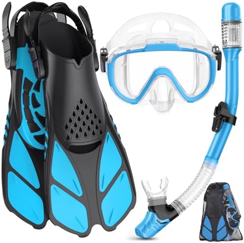 Snorkeling Gear for Adults Men Women,4 in 1 Snorkel Set with Panoramic View Diving Mask Anti-Fog Anti-Leak,Dry Top Snorkel,Fins and Travel Bag for Swimming,Snorkeling and Travel Diving