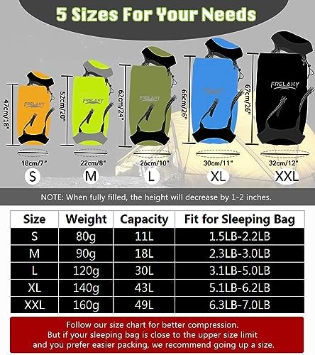 Frelaxy Compression Sack, 40% More Storage! 11L/18L/30L/45L/52L Compression Stuff Sack, Water-Resistant & Ultralight Sleeping Bag Stuff Sack - Space Saving Gear for Camping, Hiking