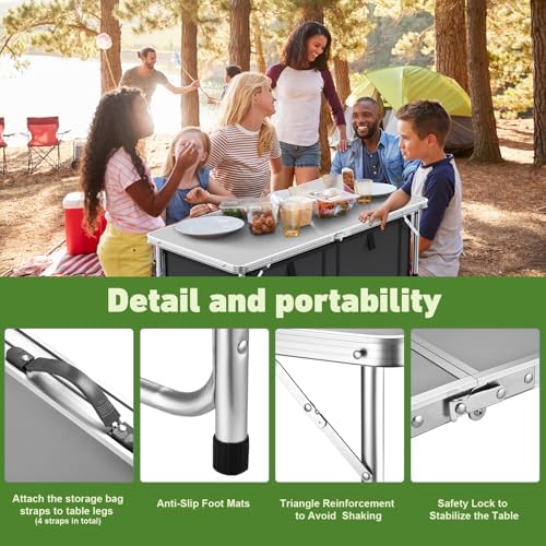 Camping Table, Folding Camping Table with Storage, Lightweight & Portable, 3 Heights Adjustable Folding Table for BBQ, Camping, Picnic and Indoor Use, Grey