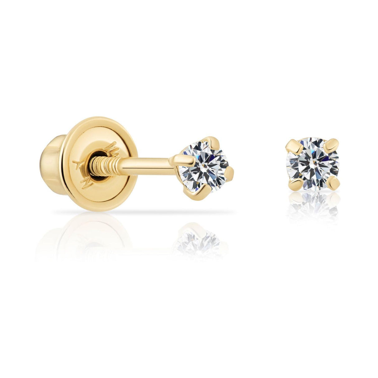 14k Yellow Gold Solitaire Round Cubic Zirconia Stud Earrings Screw-back 2mm