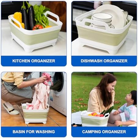 Collapsible Dish Basin Foldable Kitchen Sink With Drain Plug Plastic Laundry Tub 9L/2.4Gal RV & Camping Wash Basin Space-Saving Bottle Washing Sink (Green)