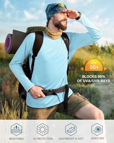 Roadbox Mens UPF 50+ UV Sun Protection Shirts Outdoor Long Sleeve SPF Rash Guard for Fishing Hiking Swimming Running