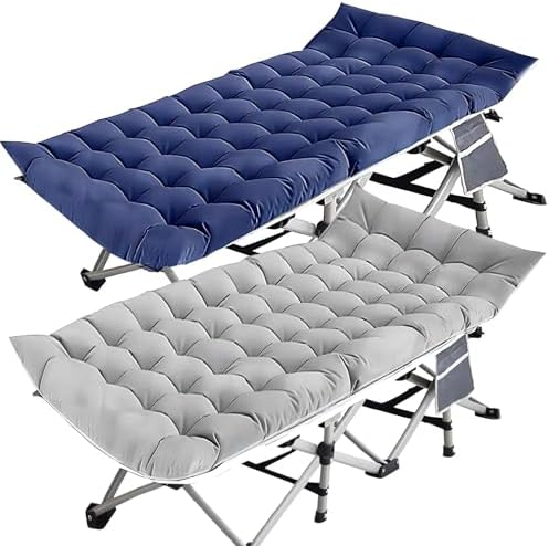 Folding Camping Cot for Adults, 2 Pack Heavy Duty Sleeping Cots with Carry Bag, Double Layer Oxford Portable Travel Camp Cots for Outdoor Camp Beach Home Office (Blue Pad & Gray Pad, 2PACK)