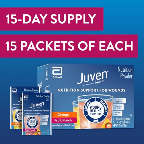 Juven Therapeutic Nutrition Drink Powder Including Collagen Peptides, Amino Acids, and HMB For Wound Healing Support, Variety Pack: Orange & Fruit Punch, 30 Packets