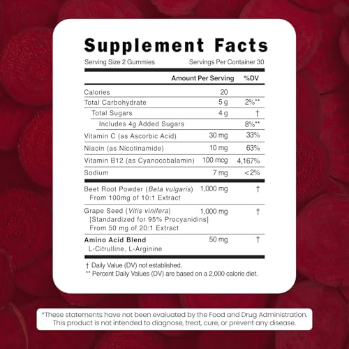 VITAMIZED Beet Root Gummies - Super Nitric Oxide Beets Supplement - Red Beetroot Heart Chews with Grape Seed Power & B12- Pomegranate Flavor, 60 Chewables Beets