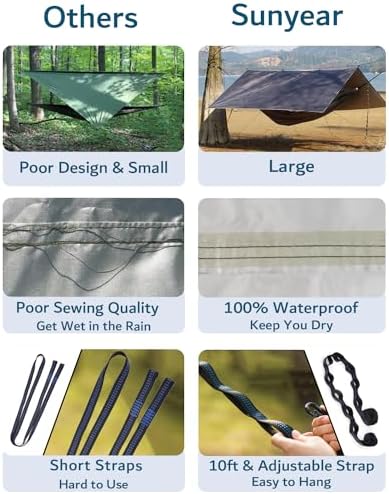 Sunyear Hammock Camping with Rain Fly Tarp and Net, Portable Camping Hammock Double Tree Hammock Outdoor Indoor Backpacking Travel & Survival, 2 Tree Straps,100% Waterproof