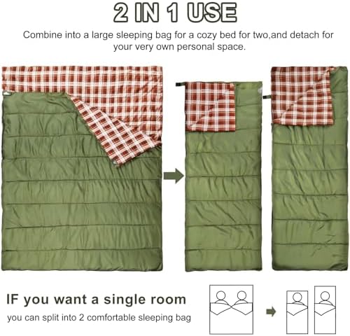 AGEMORE Cotton Flannel Double Sleeping Bag for Camping, Backpacking Or Hiking. Queen Size 2 Person Waterproof Sleeping Bag for Adults Or Teens. Lightweight with Compression Sack