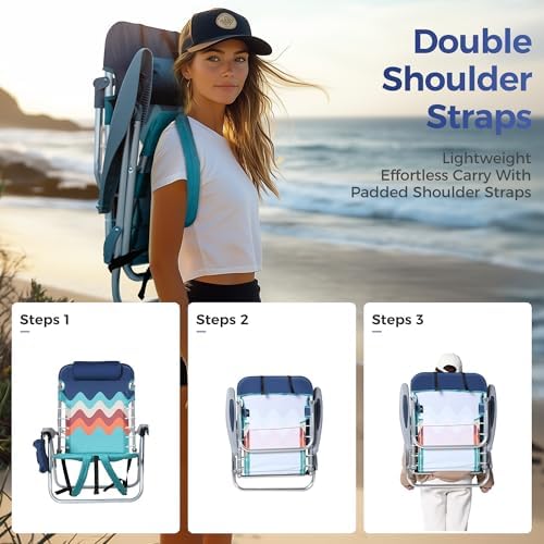 ALPHA CAMP Beach Chairs Set of 2 with Cooler Bag 4 Position Classic Lay Flat Folding with Backpack Straps Support 250LBS (Sky Blue)
