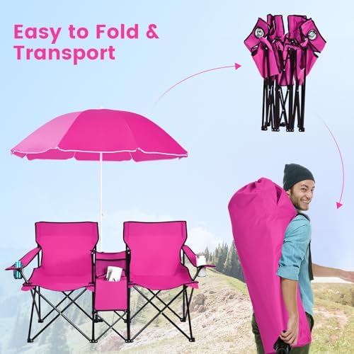 KOTEK Double Camping Chair, Folding Camp Chair with Removable Umbrella, Cup Holders, Cooler Bag, Side Pocket & Carry Bag, 2-Person Beach Chair for Outdoor, Sports, Concerts, Travel, Picnic (Pink)